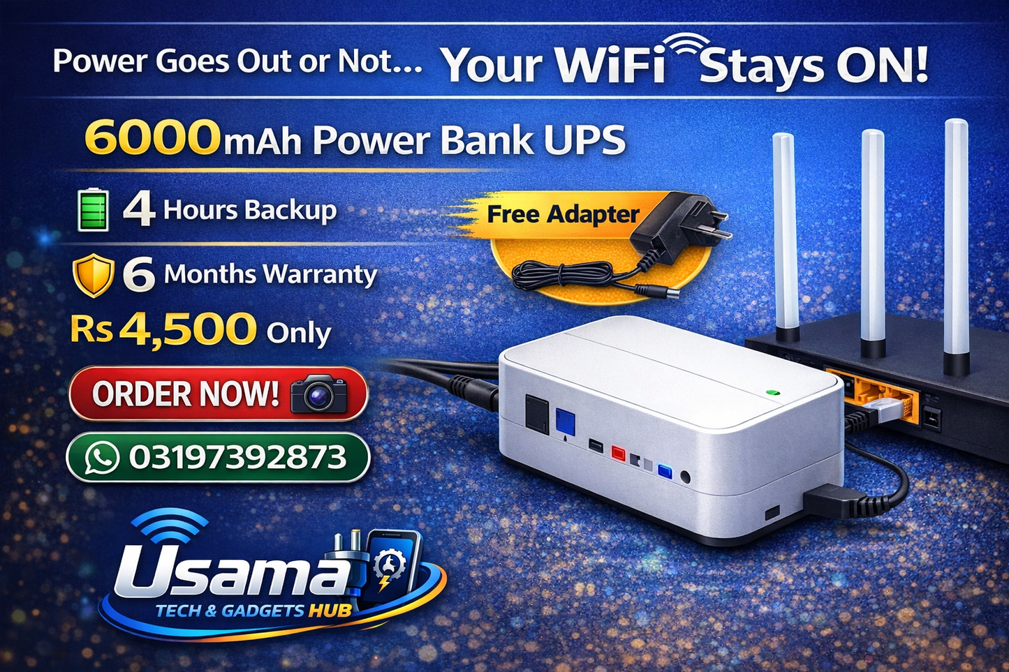 Mini UPS Power Bank for WiFi Router 6000mAh – Supports All WiFi Routers (9V / 12V)