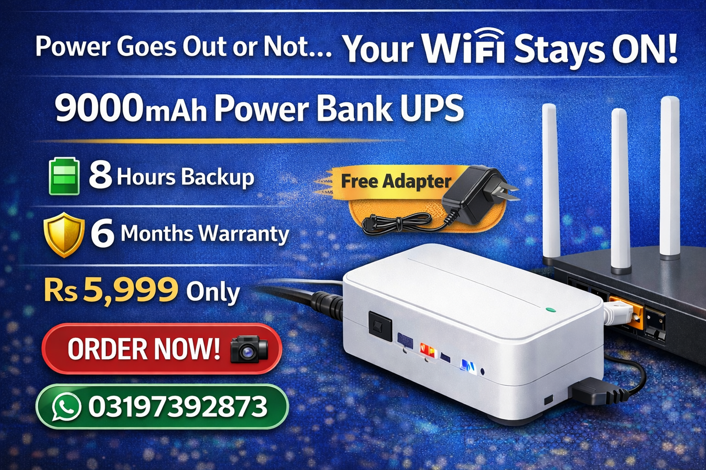 Mini UPS Power Bank for WiFi Router – 9000mAh (9V / 12V)